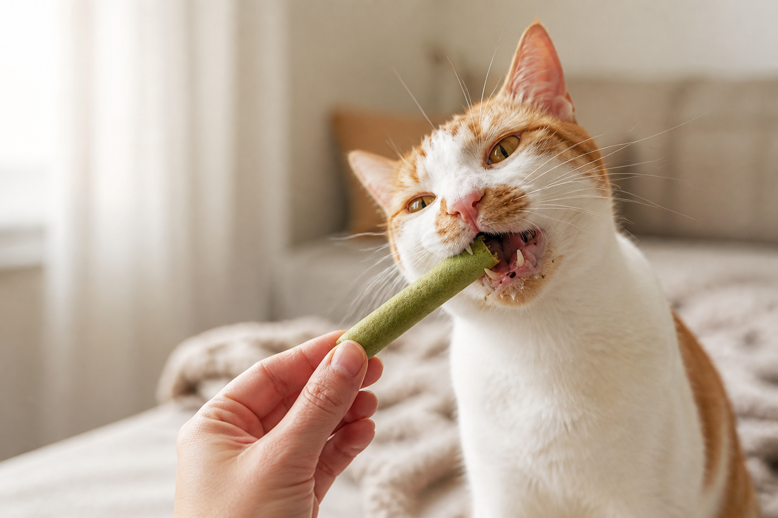 Illustrative editorial image of a cat holding a green chew