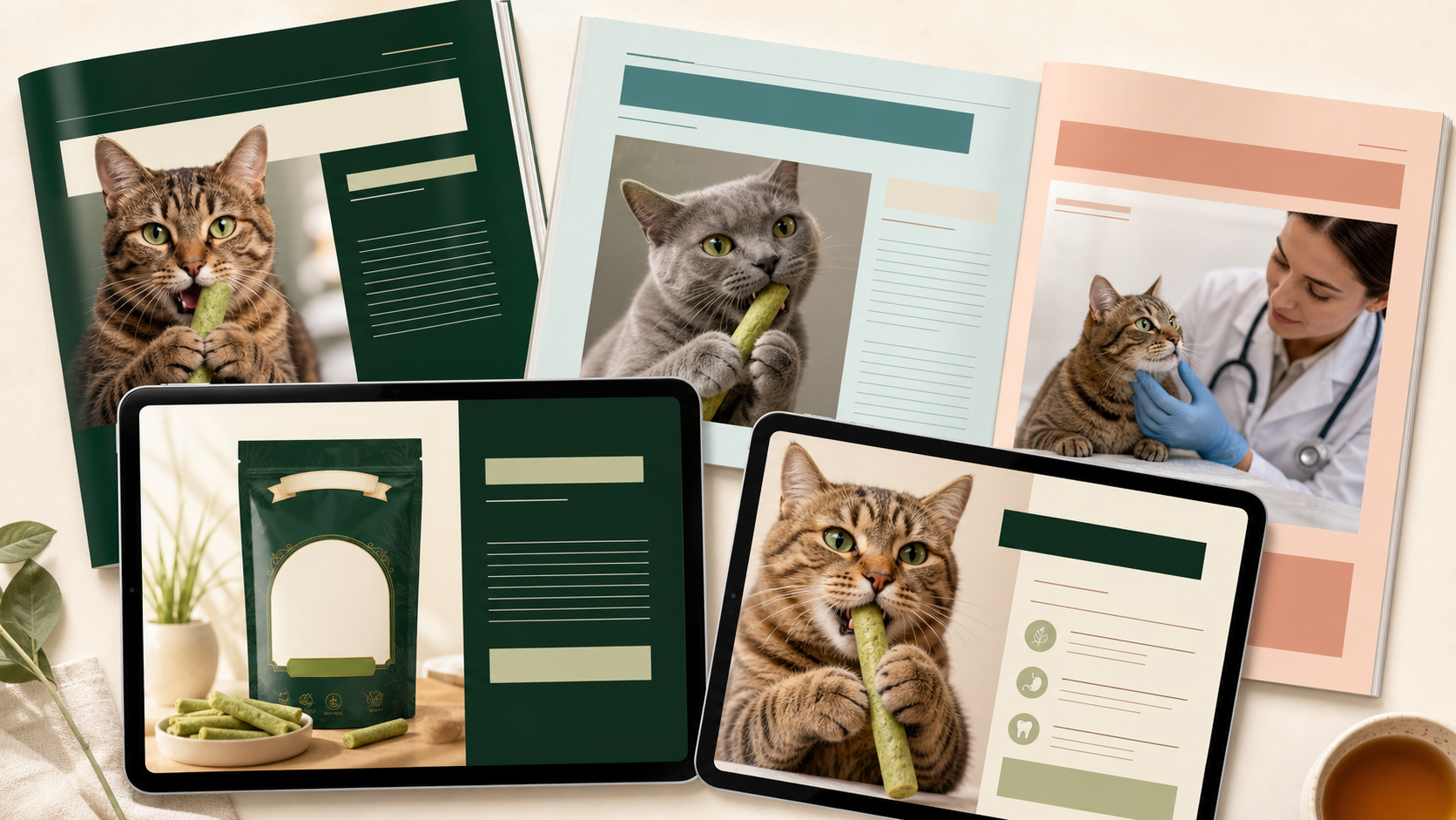 Maostix Cat Care Desk collage with cats, a veterinarian and the product