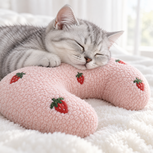 Sleeping silver kitten resting on a pink strawberry cat pillow