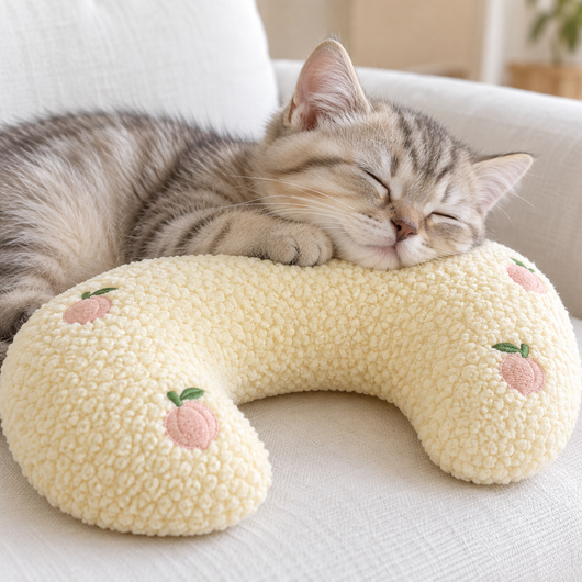Sleeping kitten resting on a yellow peach cat pillow