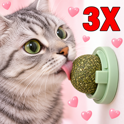 Cat licking a mounted catnip ball with 3X pack callout