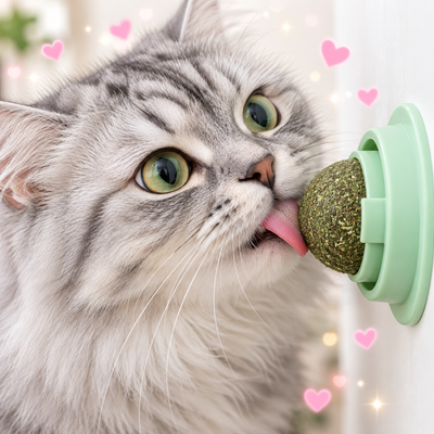 Cat licking a mounted catnip ball