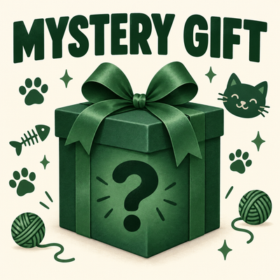 Green mystery gift box with cat-themed illustrations