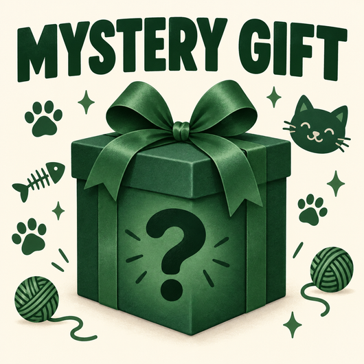 Green mystery gift box with cat-themed illustrations