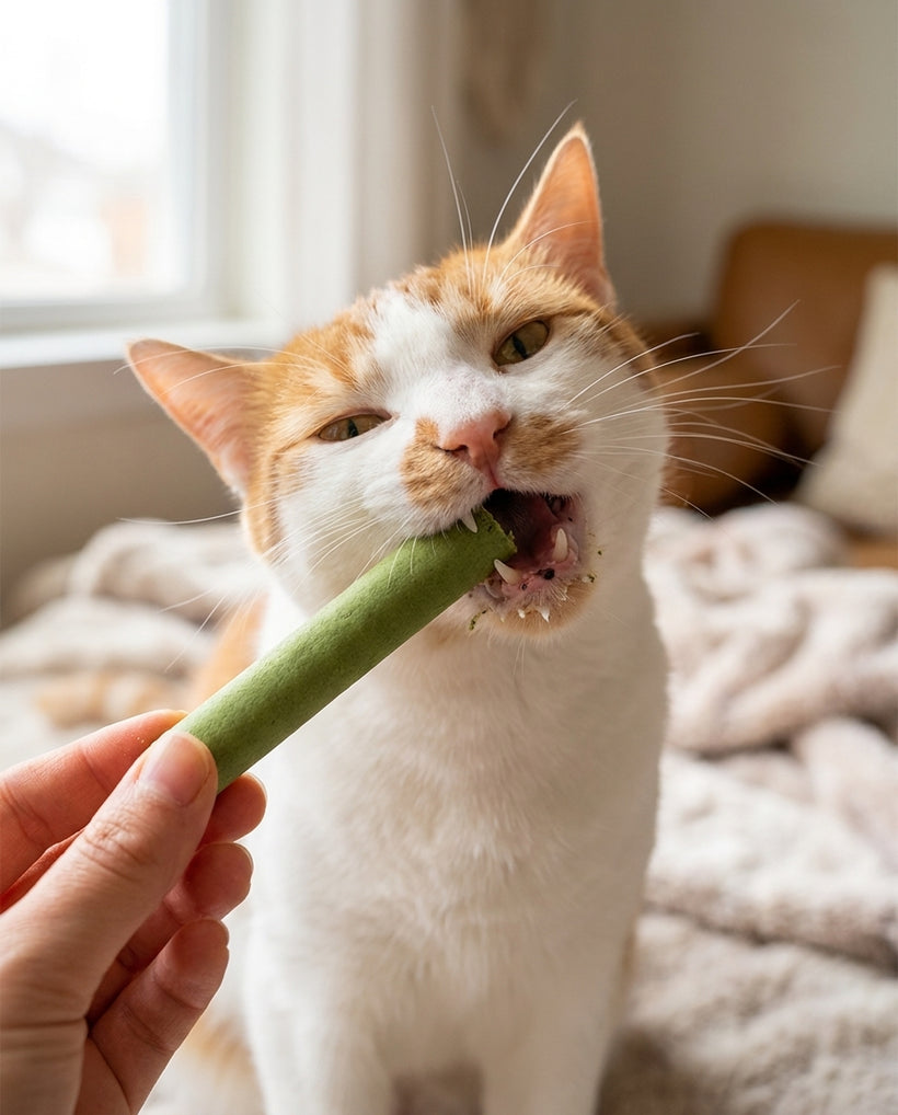 A cat happily biting a green Maostix stick