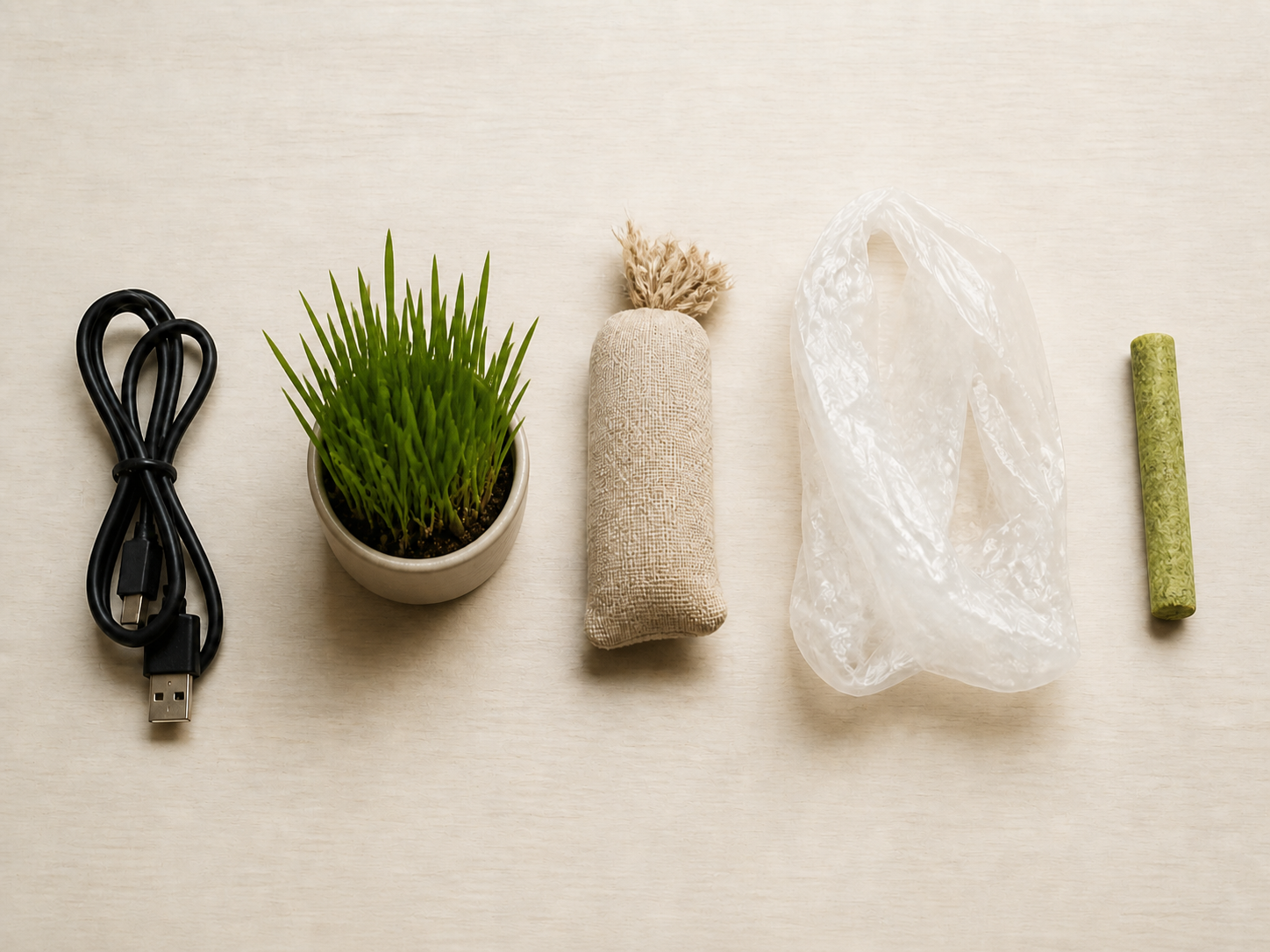 Illustrative flat-lay of an unplugged cable, oat grass, cat toy, plastic bag and green chew stick