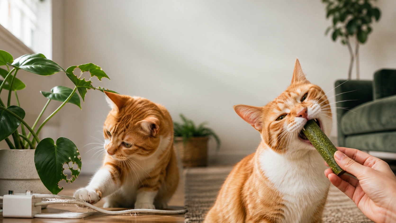 A cat near a chewed houseplant and cable compared with a cat accepting a green chew