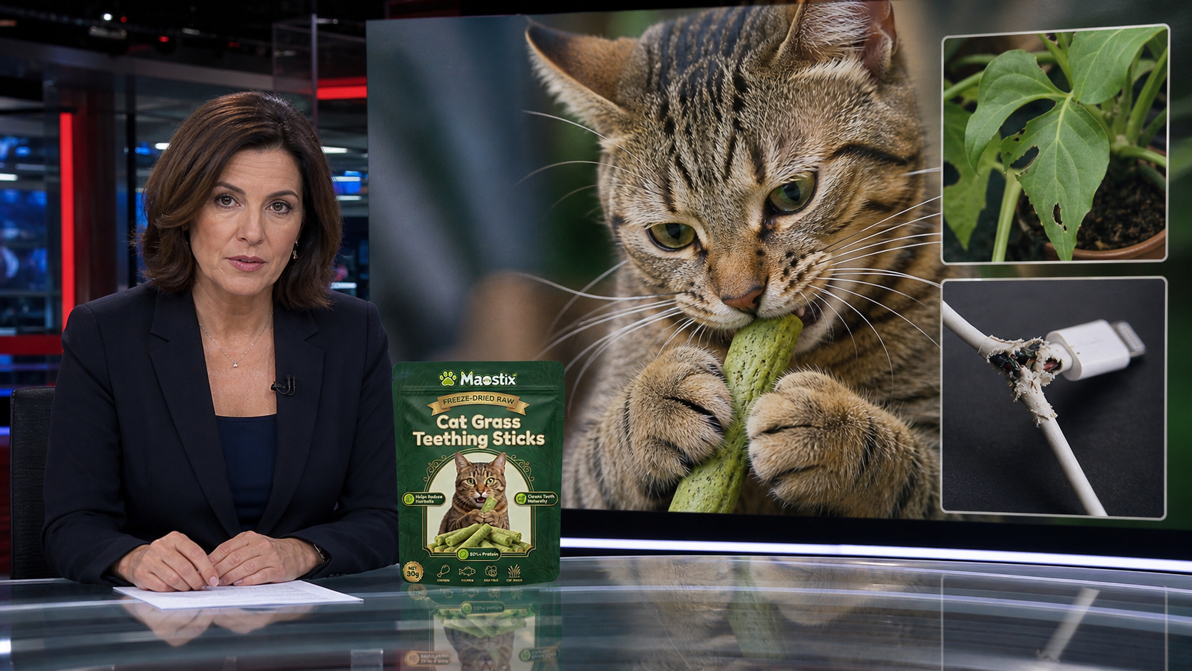 Maostix television-report studio with an anchor, cat, product and household-chewing evidence