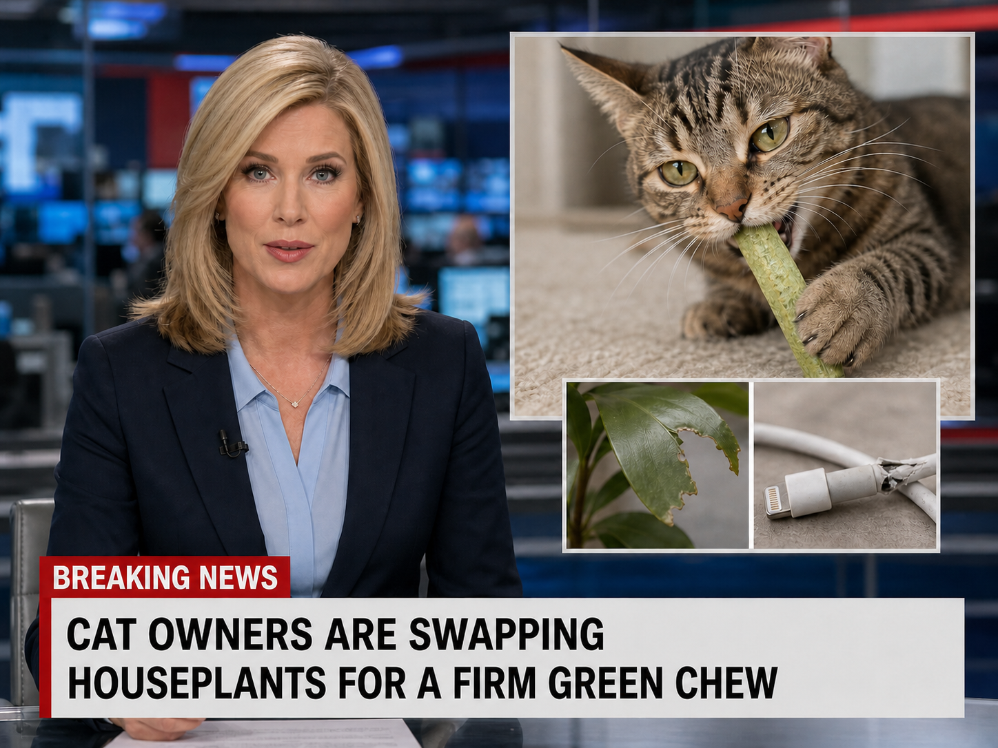 Original consumer-news frame showing a cat choosing a firm green chew instead of a damaged houseplant or charging cable