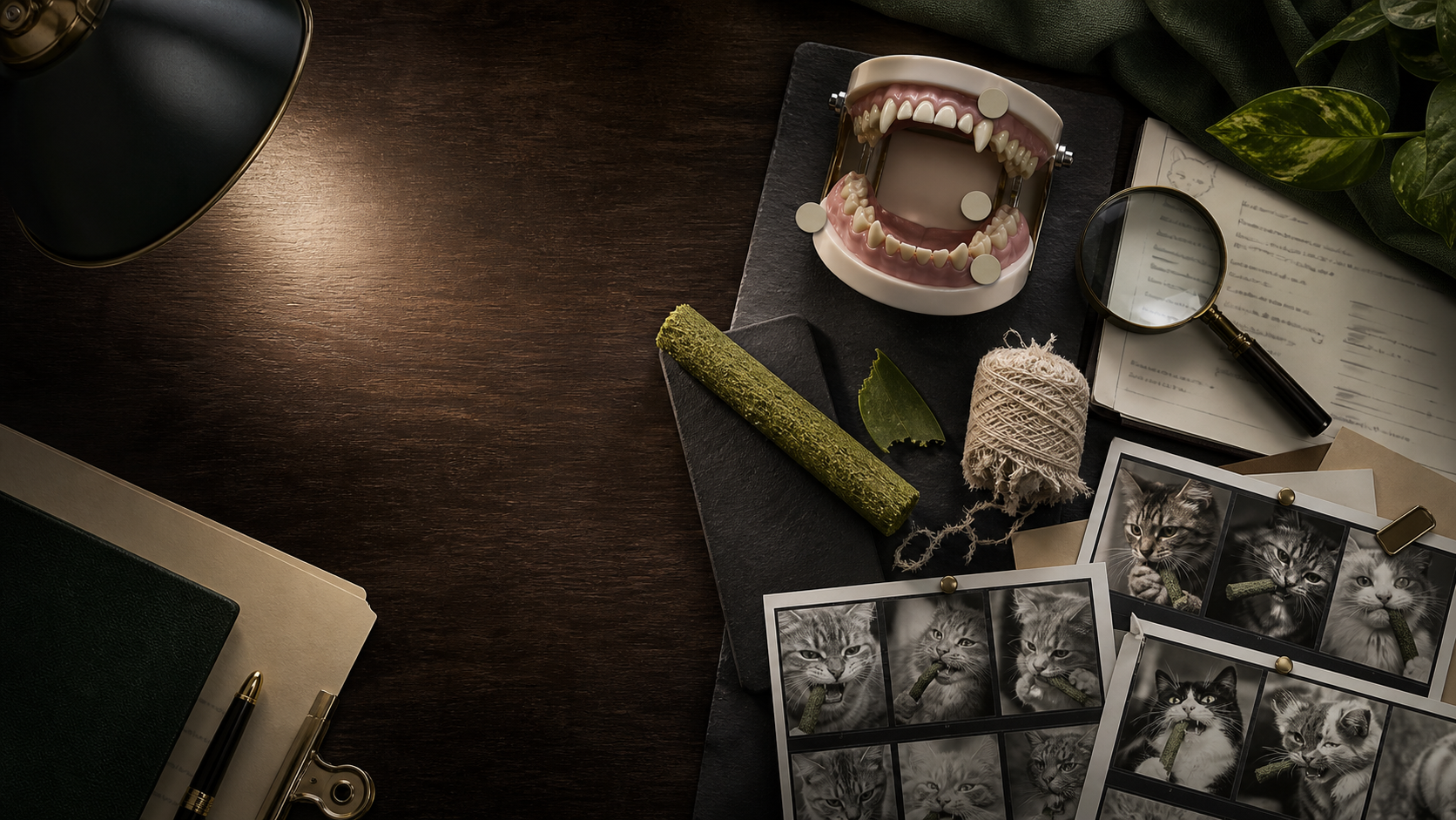 Investigation desk with a feline dental model, fibers, a green chew stick and cat chewing contact sheets