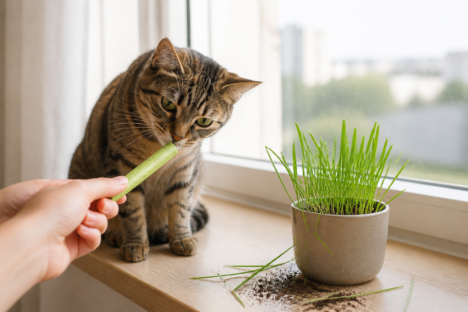 Illustrative cat beside a pot of oat grass on a windowsill